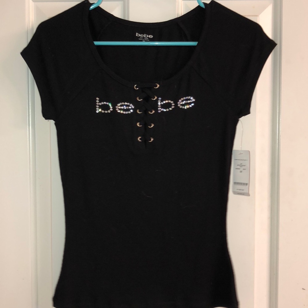 Bebe black lace up front top